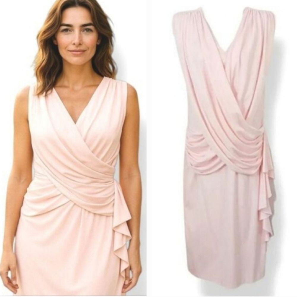 Vintage Pleated Shoulder Draped Wrap Front Cocktail Dress in Pale Pink Size 5/6